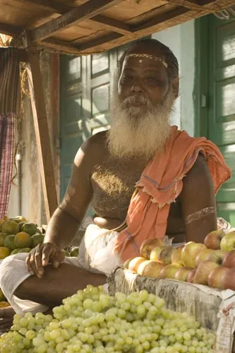 Aj predavač ovocia zapadol do chrámového prostredia... (Bhubaneswar)